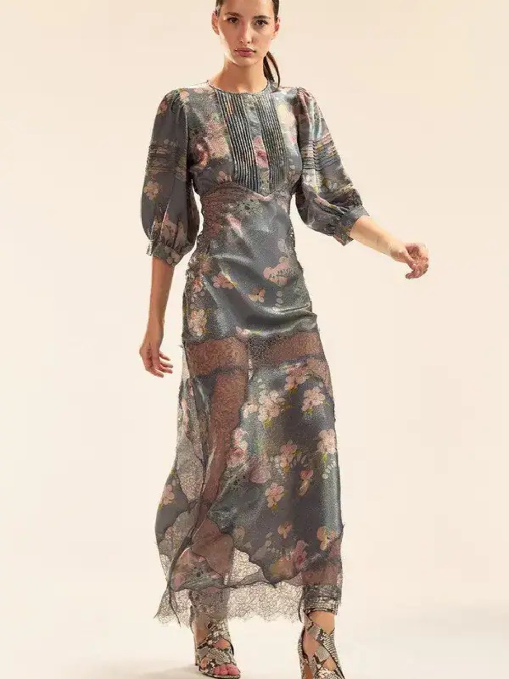 Cynthia Rowley Gray Floral Pintuck Sheer Maxi Dress